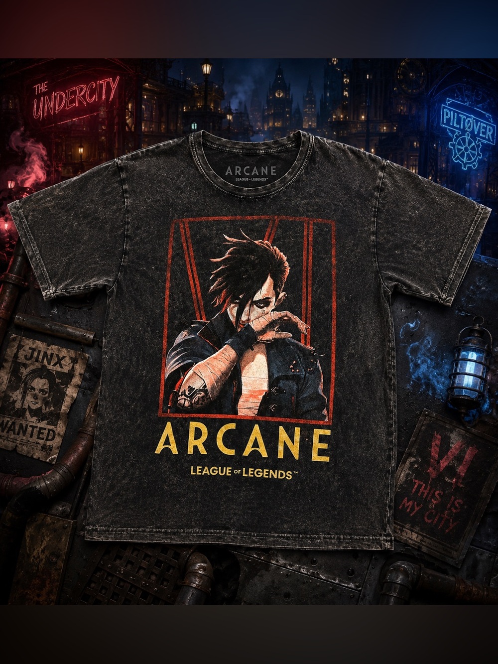 Arcane Vi Graphic Tee Black Acid Wash League of Legends Shirt Large